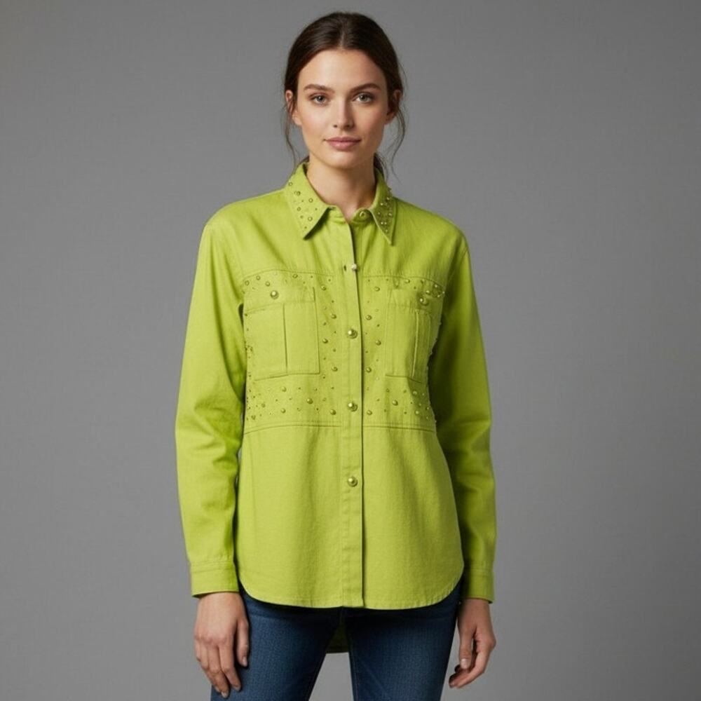 Vintage Saint Germain Paris XL Chartreuse Embellished Button Shirt Maximalist
